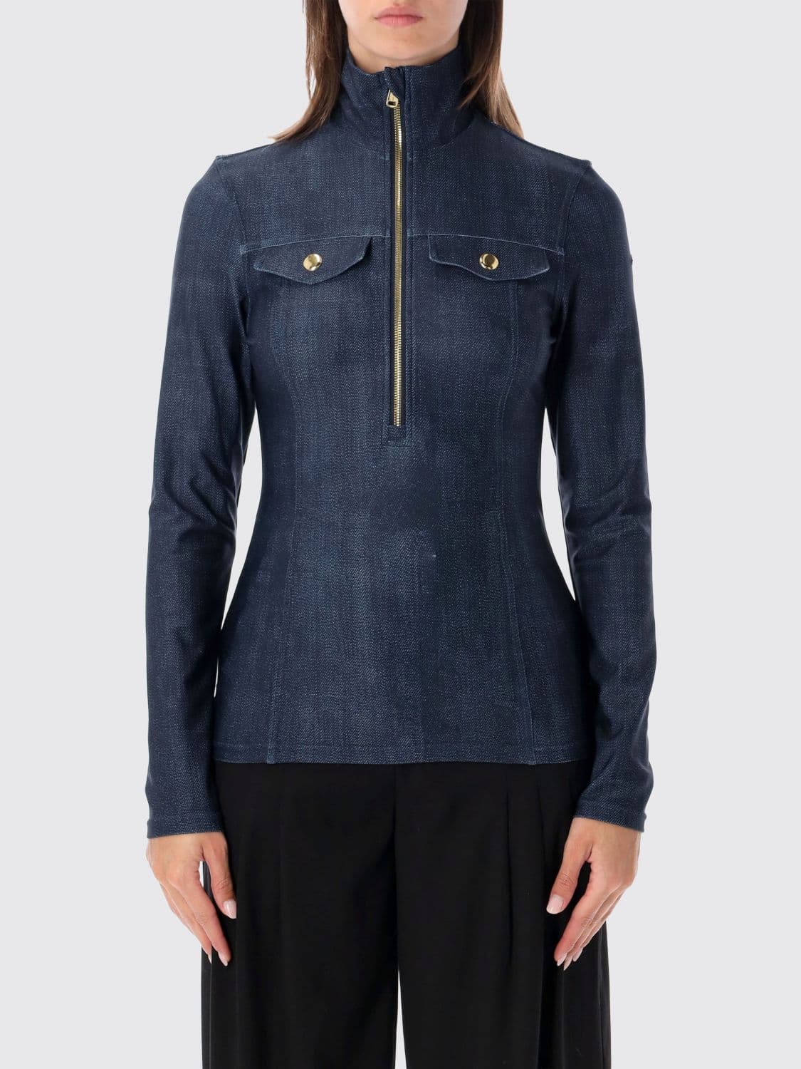 Goldbergh Slim Fit Denim Turtleneck Top with Half-Zip and Stud Embellishments