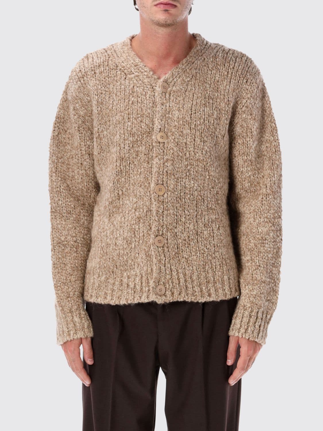 Sunflower V-Neck Cardigan in Wool and Alpaca Blend with Ribbed Trims