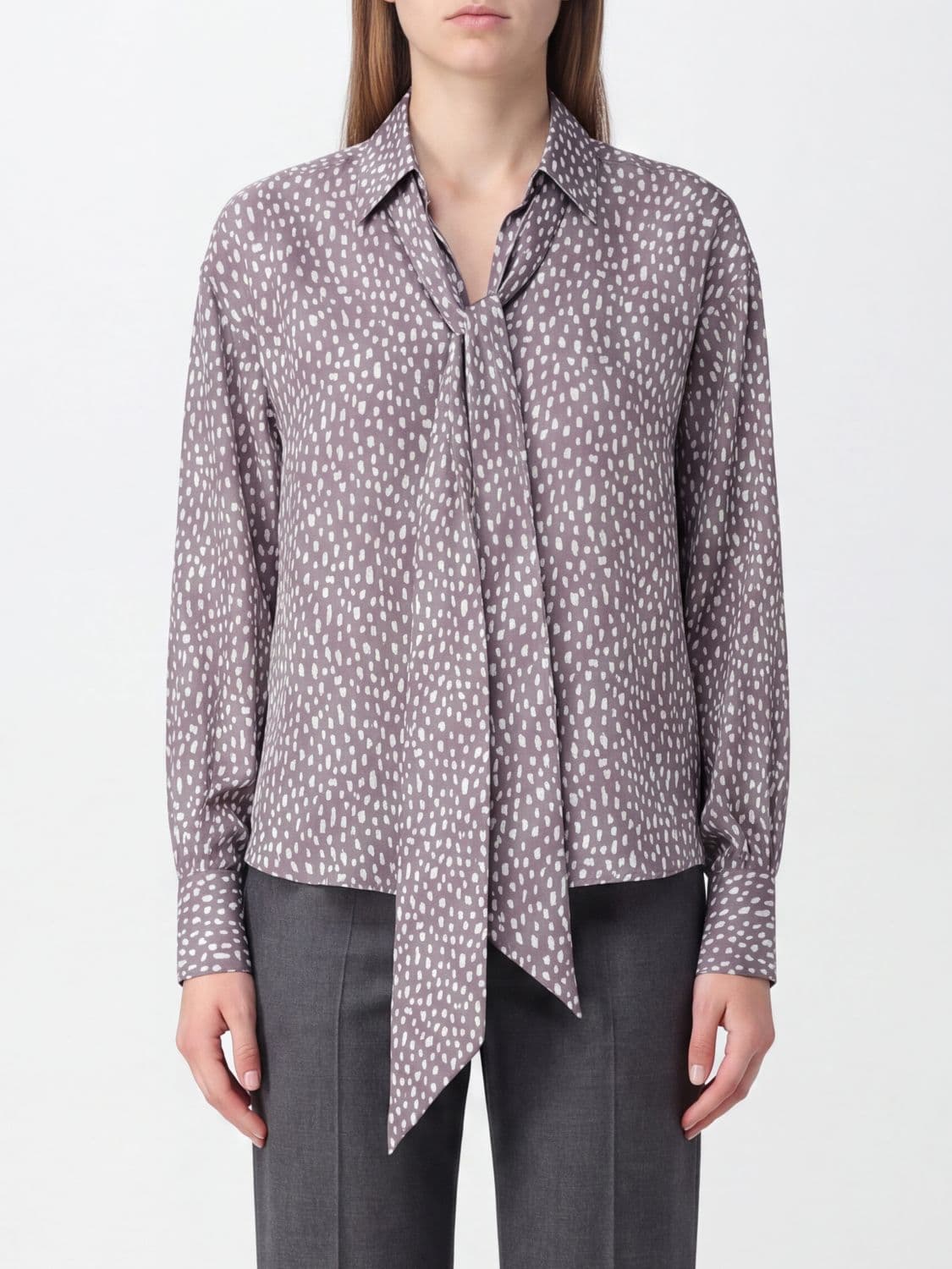 Brunello Cucinelli Polka-Dot Silk Blouse with Pussy-Bow Neck