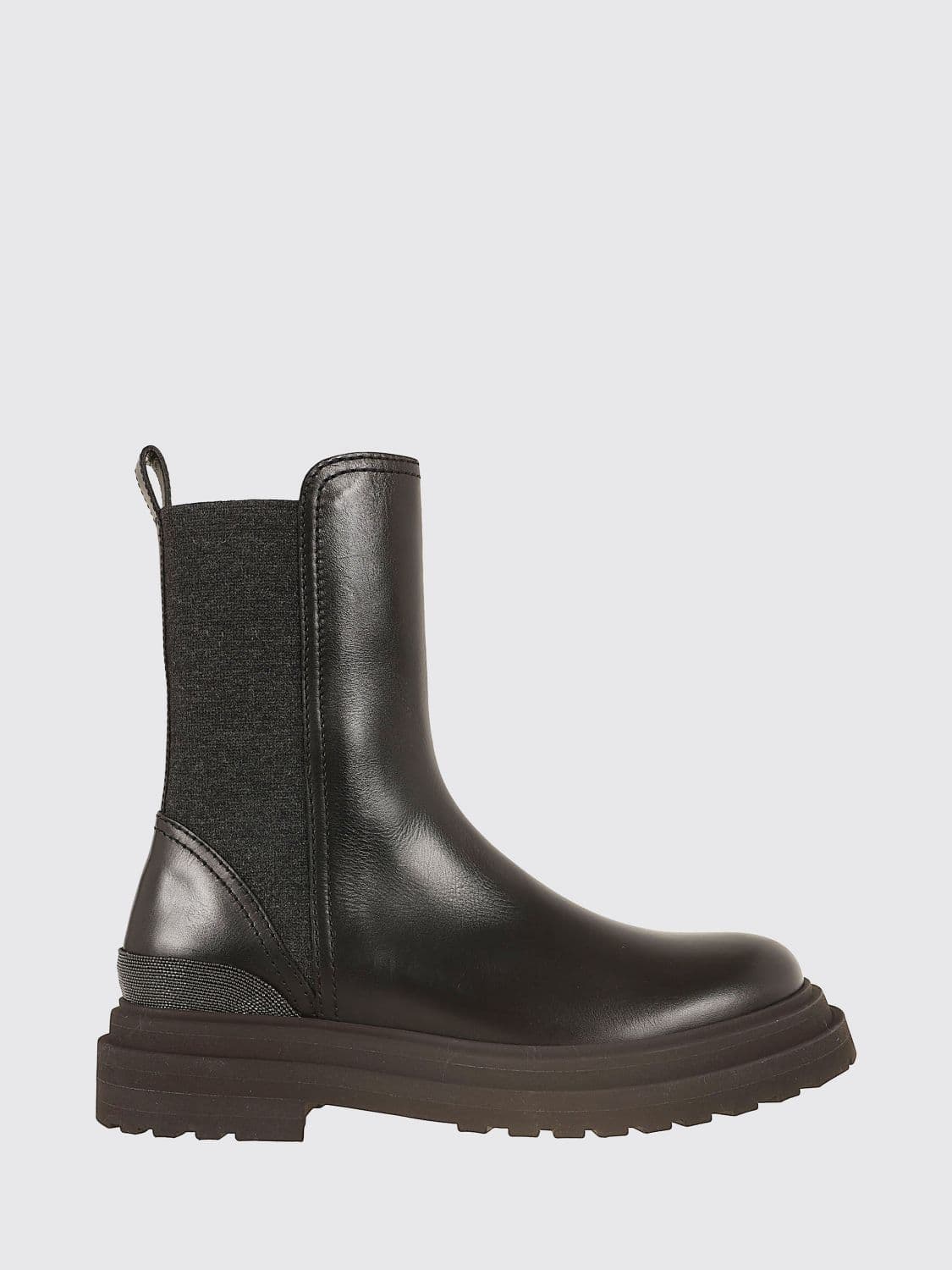 Brunello Cucinelli Smooth Leather Chelsea Boots with Lug Sole and Monili
