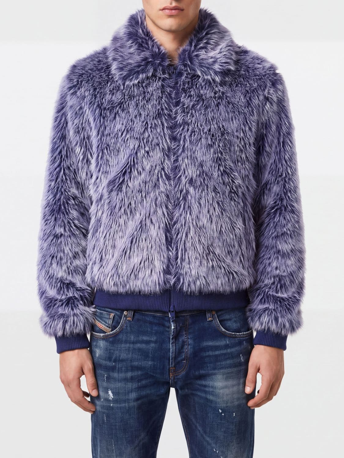 Diesel High-Neck Faux Fur Jacket with Concealed Fastening