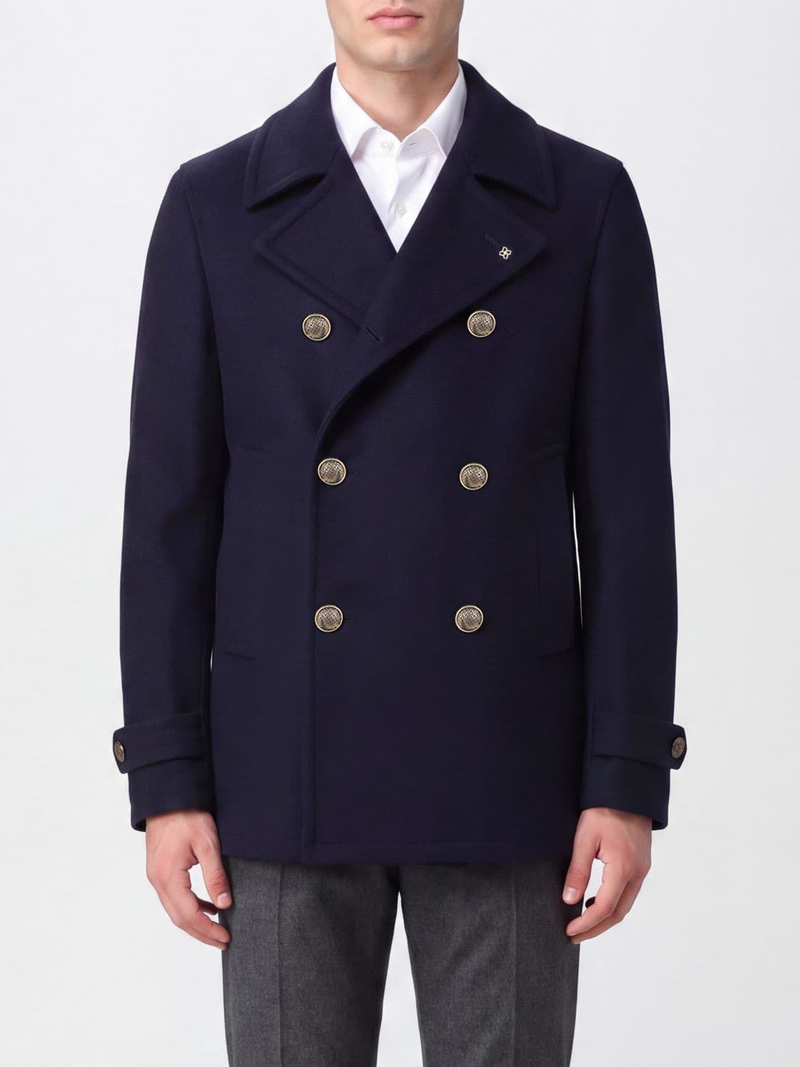 Tagliatore Double-Breasted Peacoat in Wool and Cashmere Blend with Belted Cuffs