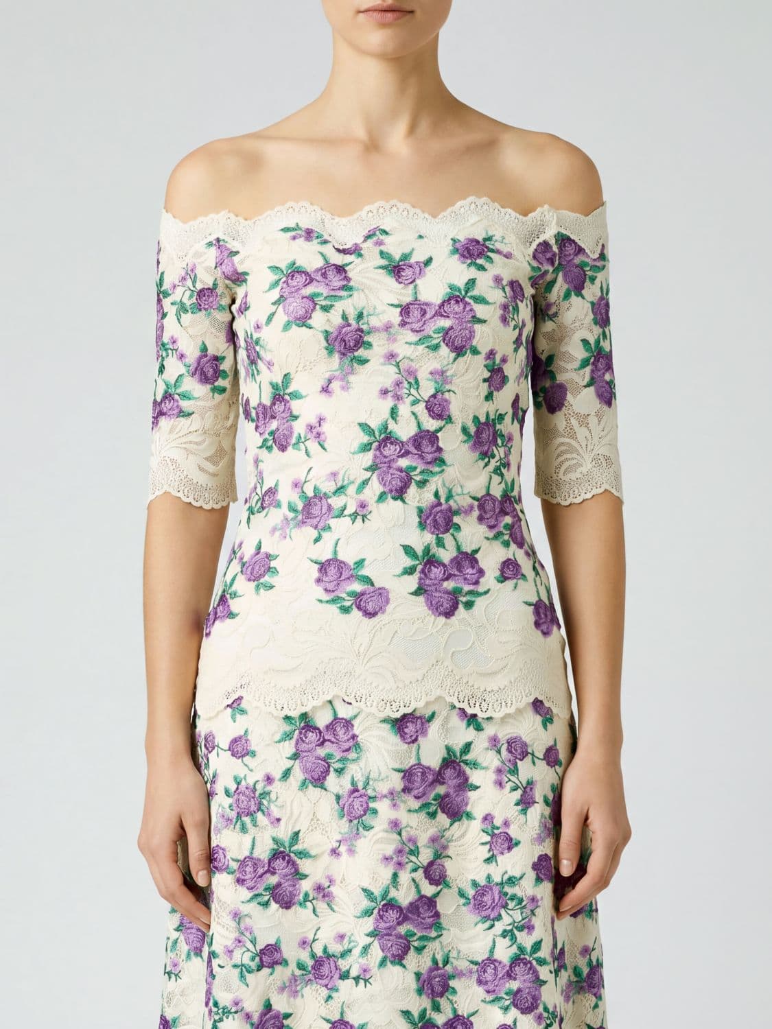 Rabanne Slim Fit Stretch-Jersey Top with Floral Embroidery and Lace Inserts