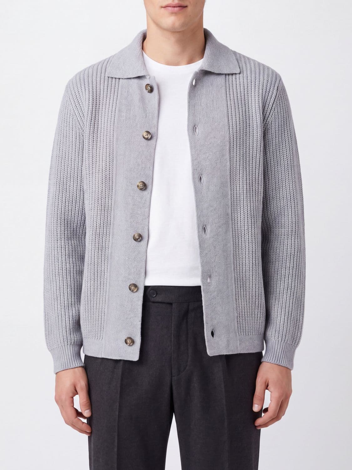 Lardini Wool and Cashmere Cardigan with Classic Collar and Ribbed Knit