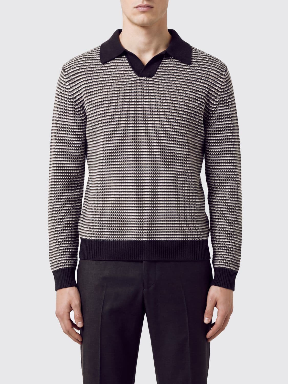 Lardini Striped Long-Sleeved Knit Polo in a Wool and Cashmere Blend