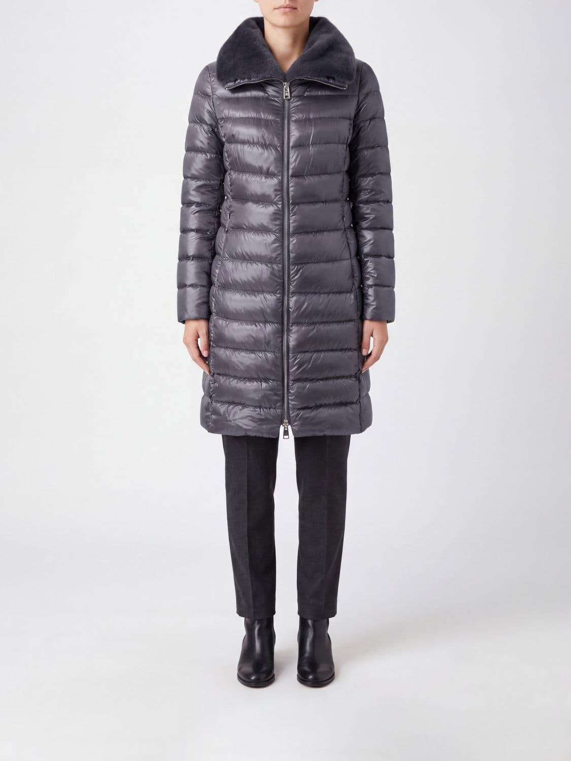 Herno Knee-Length Down Jacket in Water-Repellent Ultralight Nylon with Fur Collar