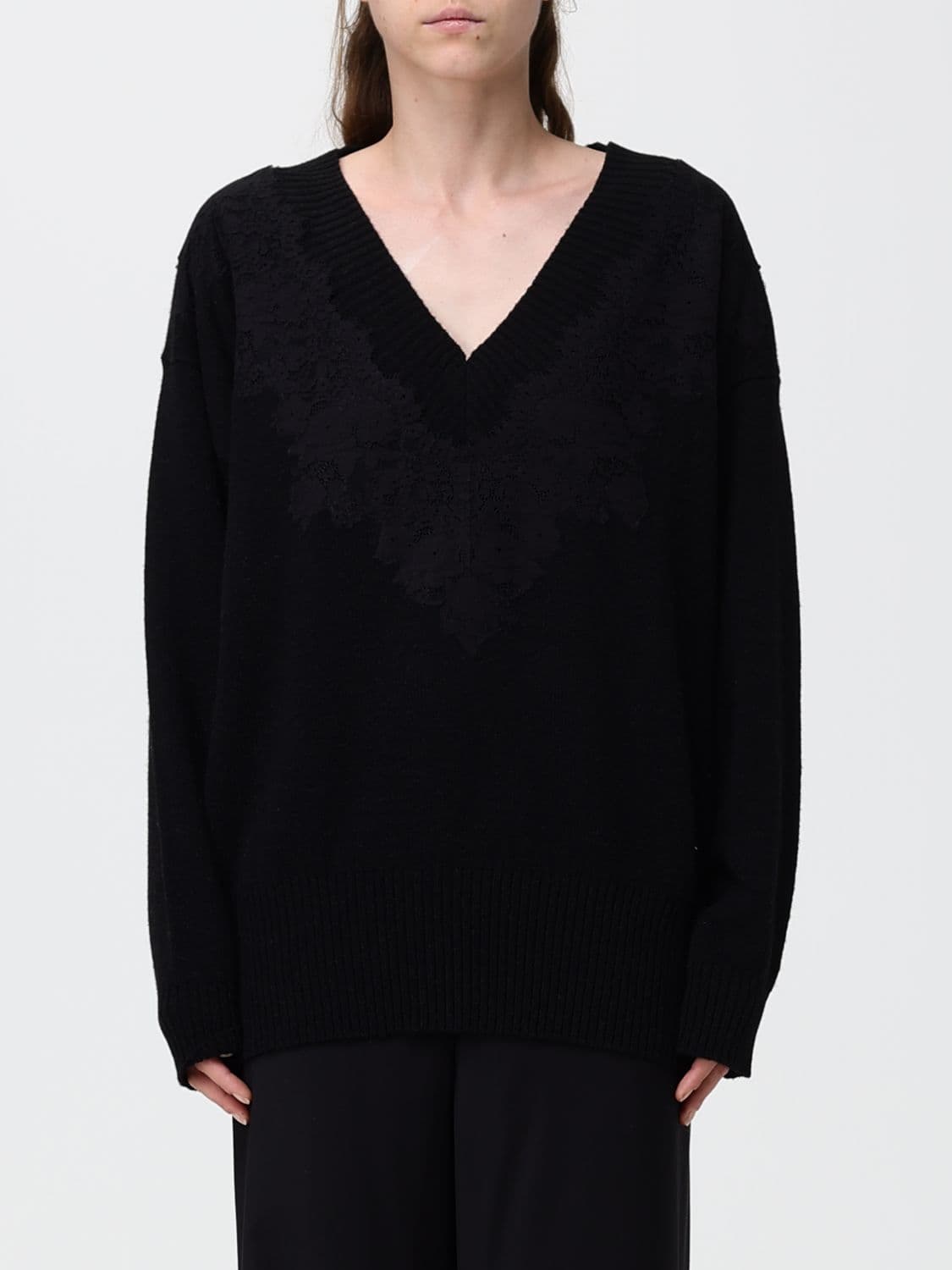 Alberta Ferretti V-Neck Jumper with Lace Inserts in Cashmere and Camel