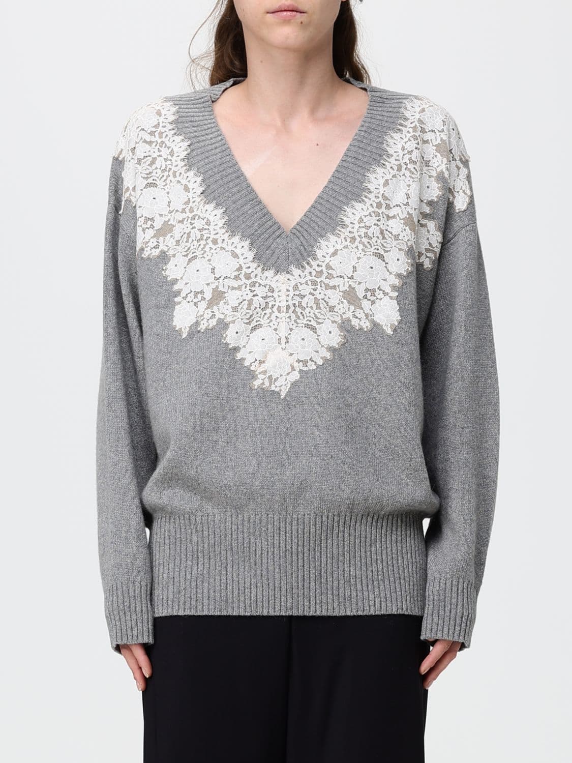 Alberta Ferretti V-Neck Jumper with Lace Inserts in Cashmere and Camel