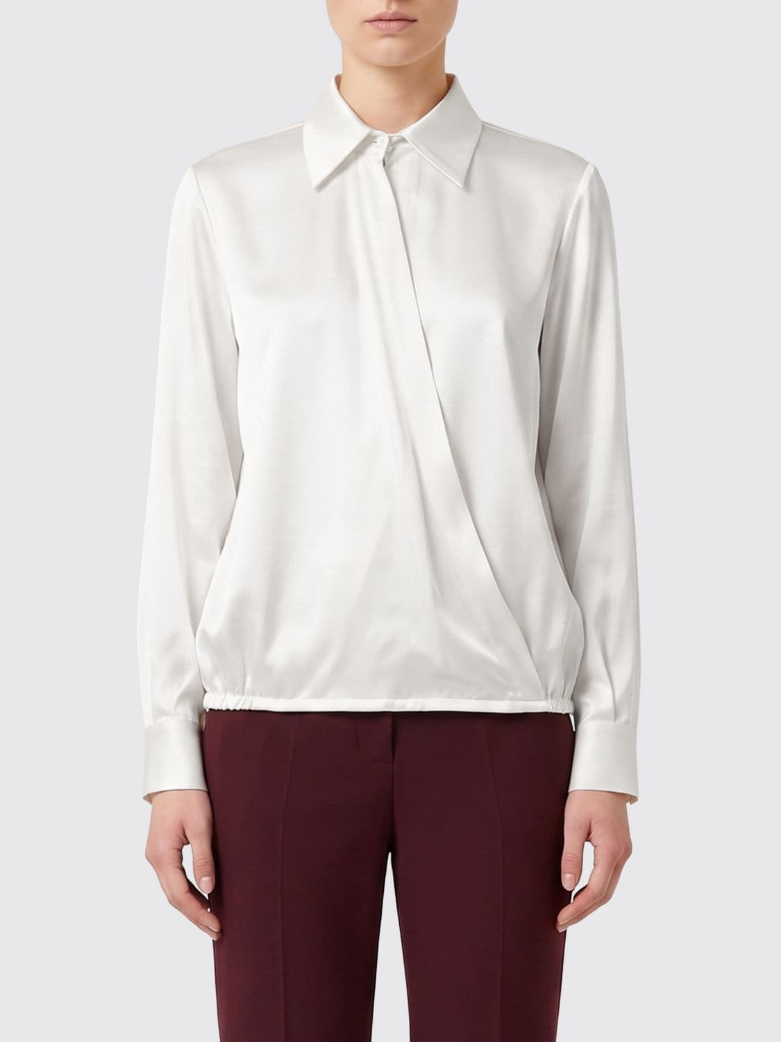 Semicouture Satin Shirt with Classic Collar, Off-Center Fastening, and Elasticated Hem