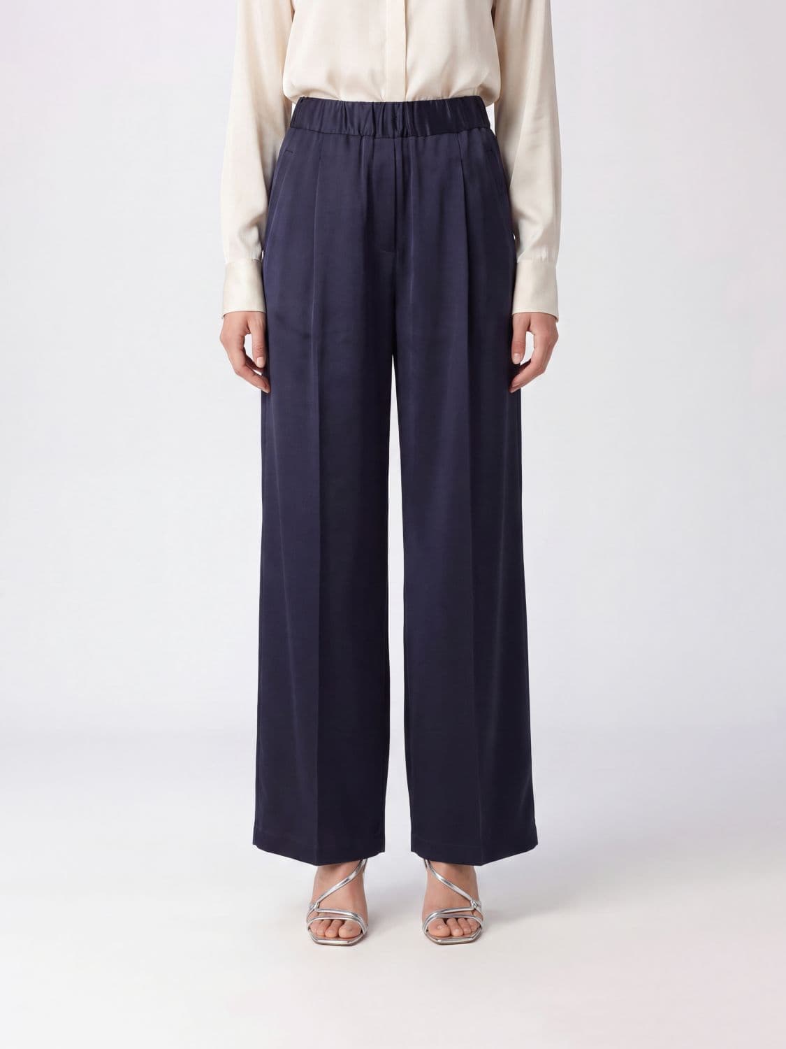 Semicouture High-Waisted Satin Palazzo Trousers with Elasticated Waist