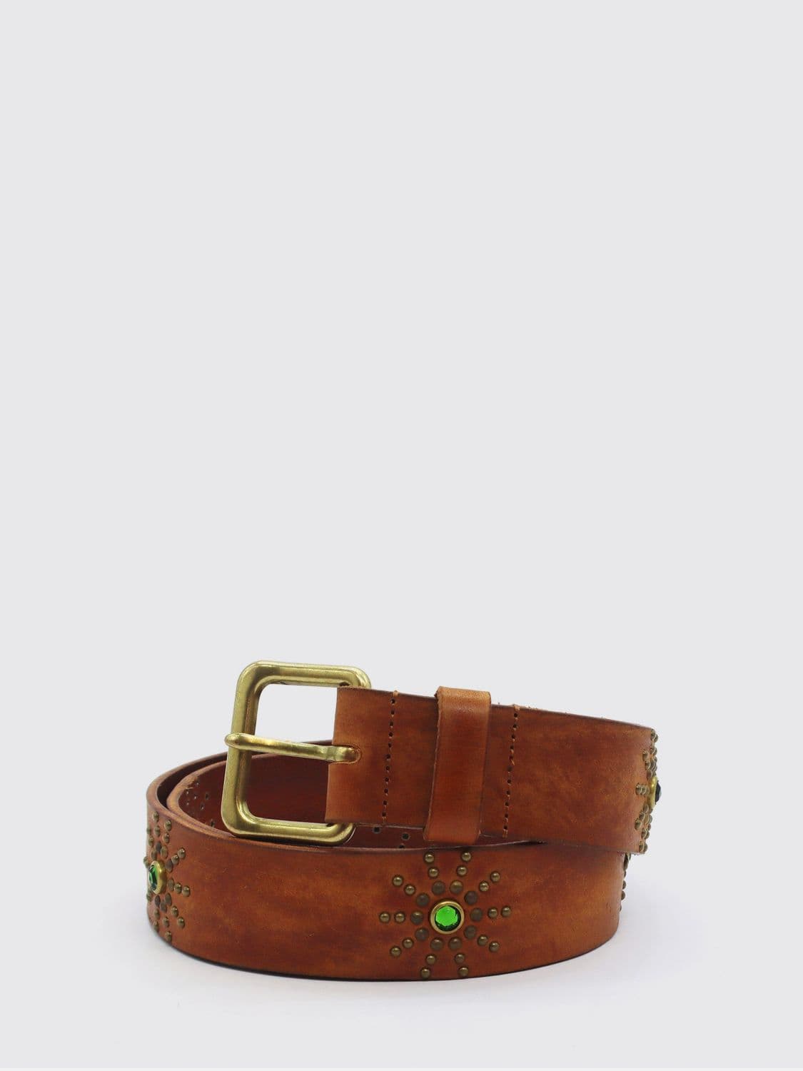 Htc Los Angeles Brown Leather Belt with Embroidery and a Logo Buckle
