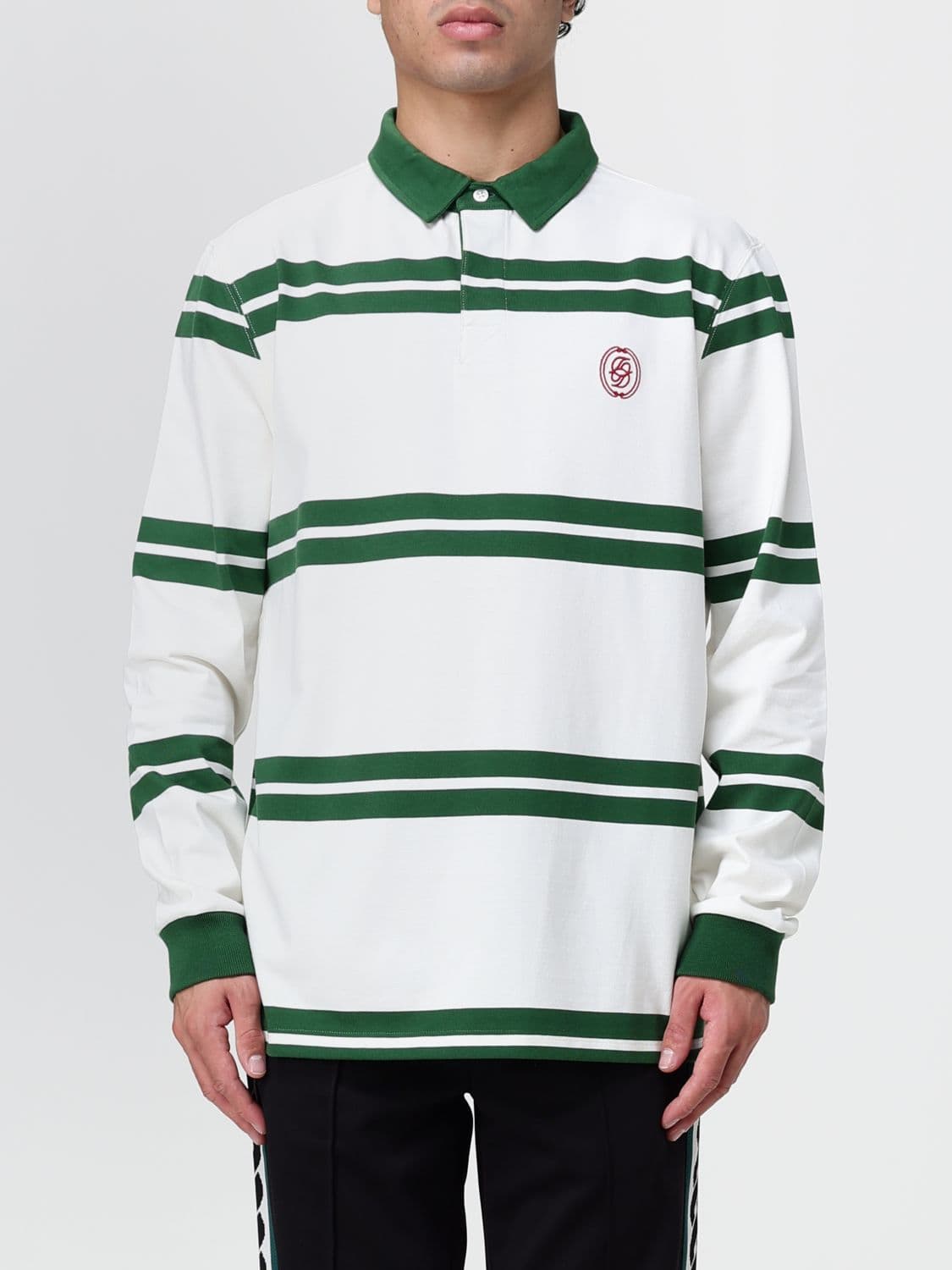 Drôle De Monsieur Striped Long-Sleeve Cotton Polo Shirt with Logo