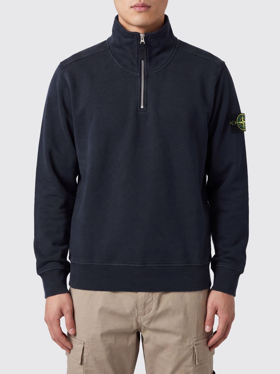 Stone Island Half-Zip Cotton Funnel Neck Sweatshirt with Compass Logo Patch