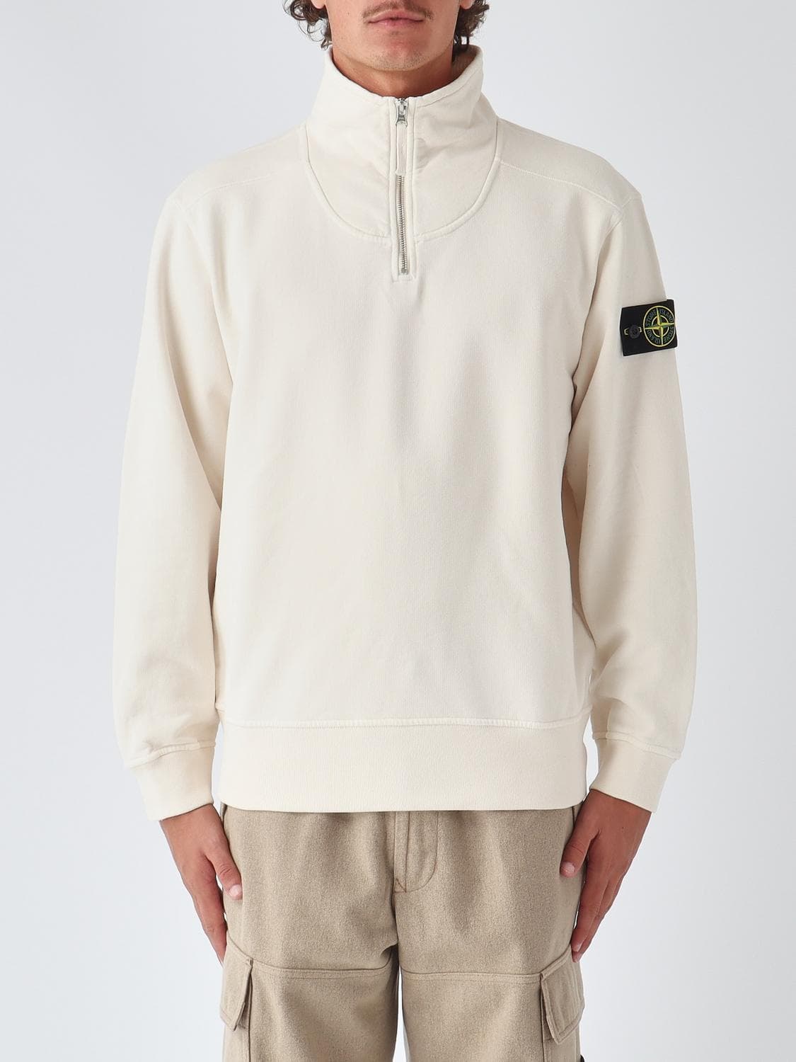 Stone Island Half-Zip Cotton Funnel Neck Sweatshirt with Compass Logo Patch