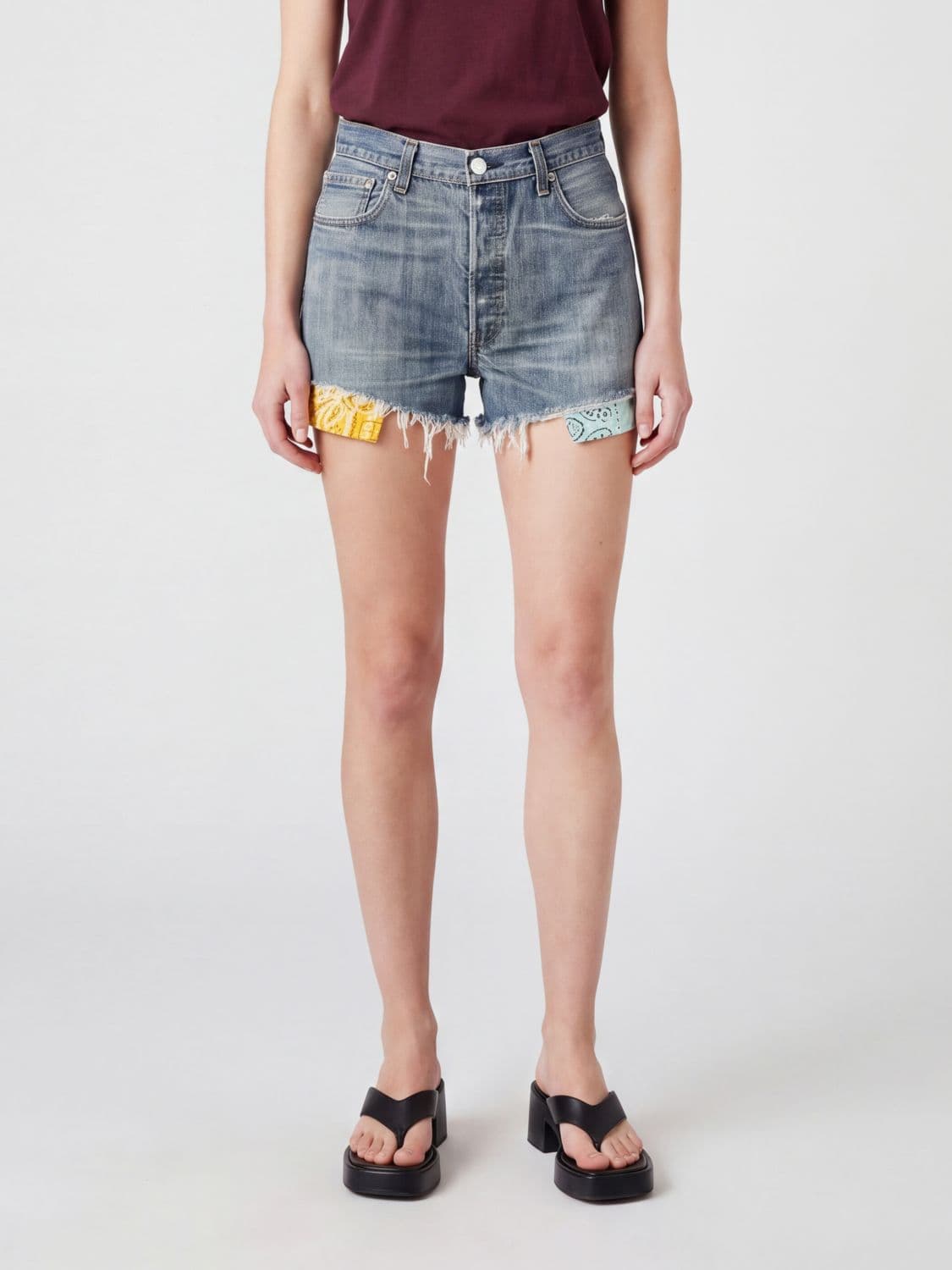 Htc Los Angeles High-Waisted Denim Shorts with Bandana Embroidery and Frayed Hem · 25