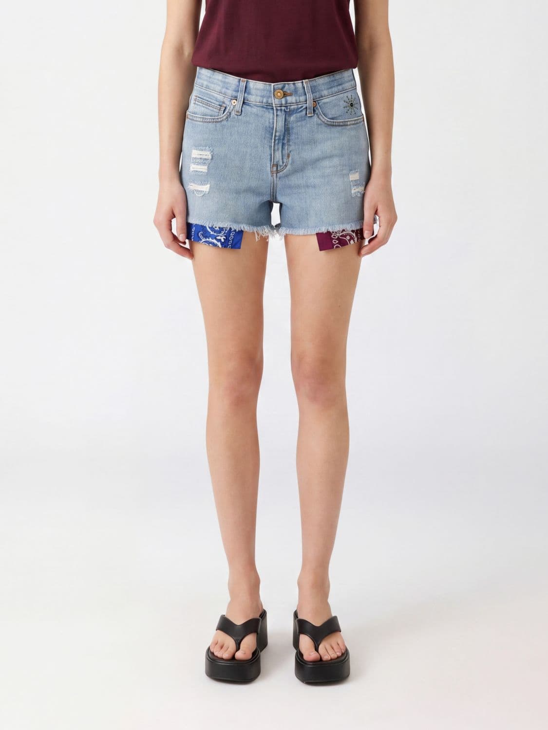 Htc Los Angeles High-Waisted Studded Denim Shorts with Frayed Hem · 26