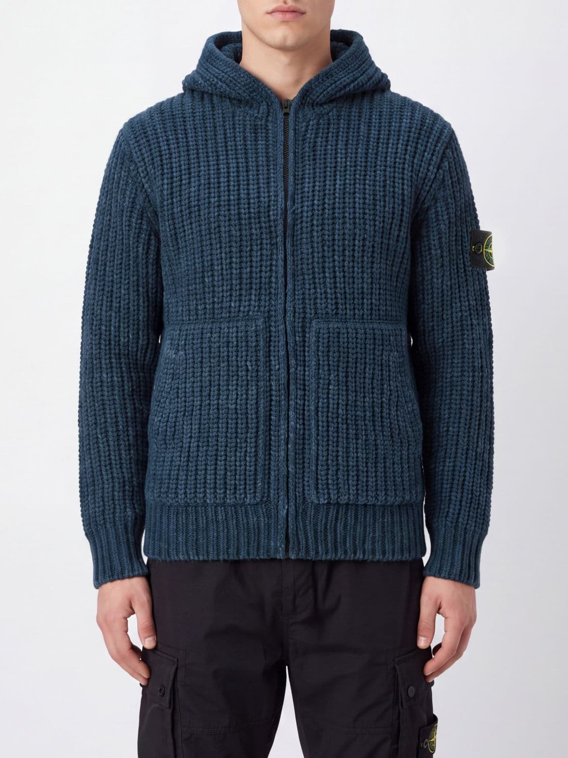 Stone Island Hooded Ribbed Cotton Cardigan with Zip and Logo Patch