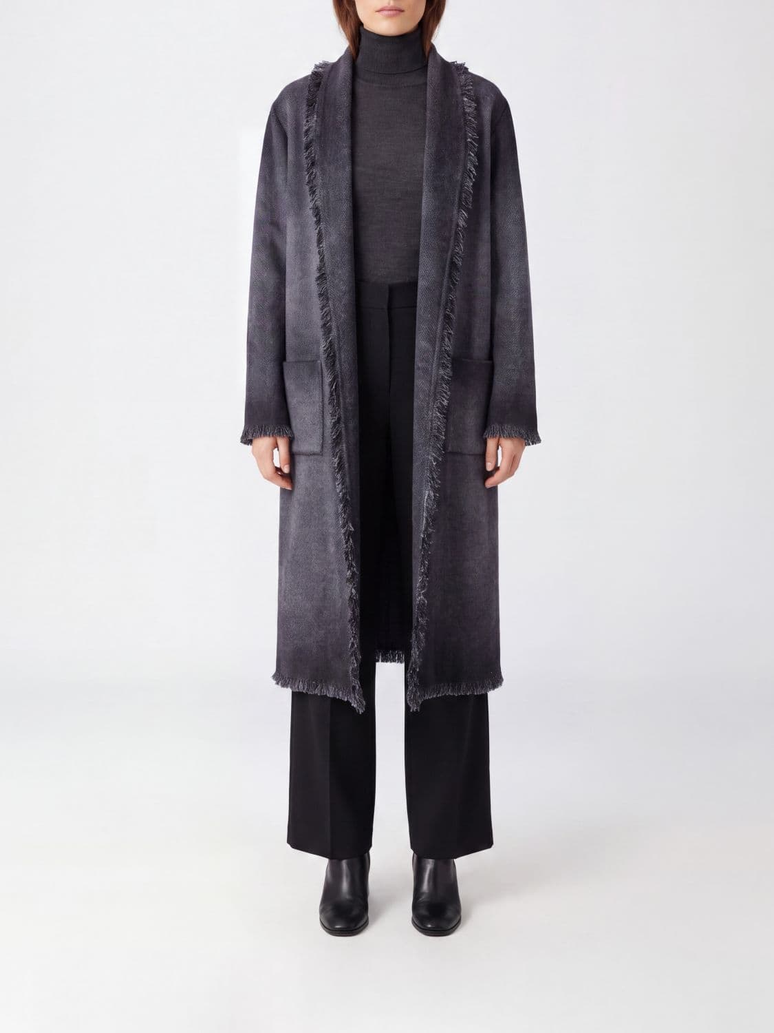Avant Toi Virgin Wool-Blend Coat with Shawl Collar and Fringed Hem · M