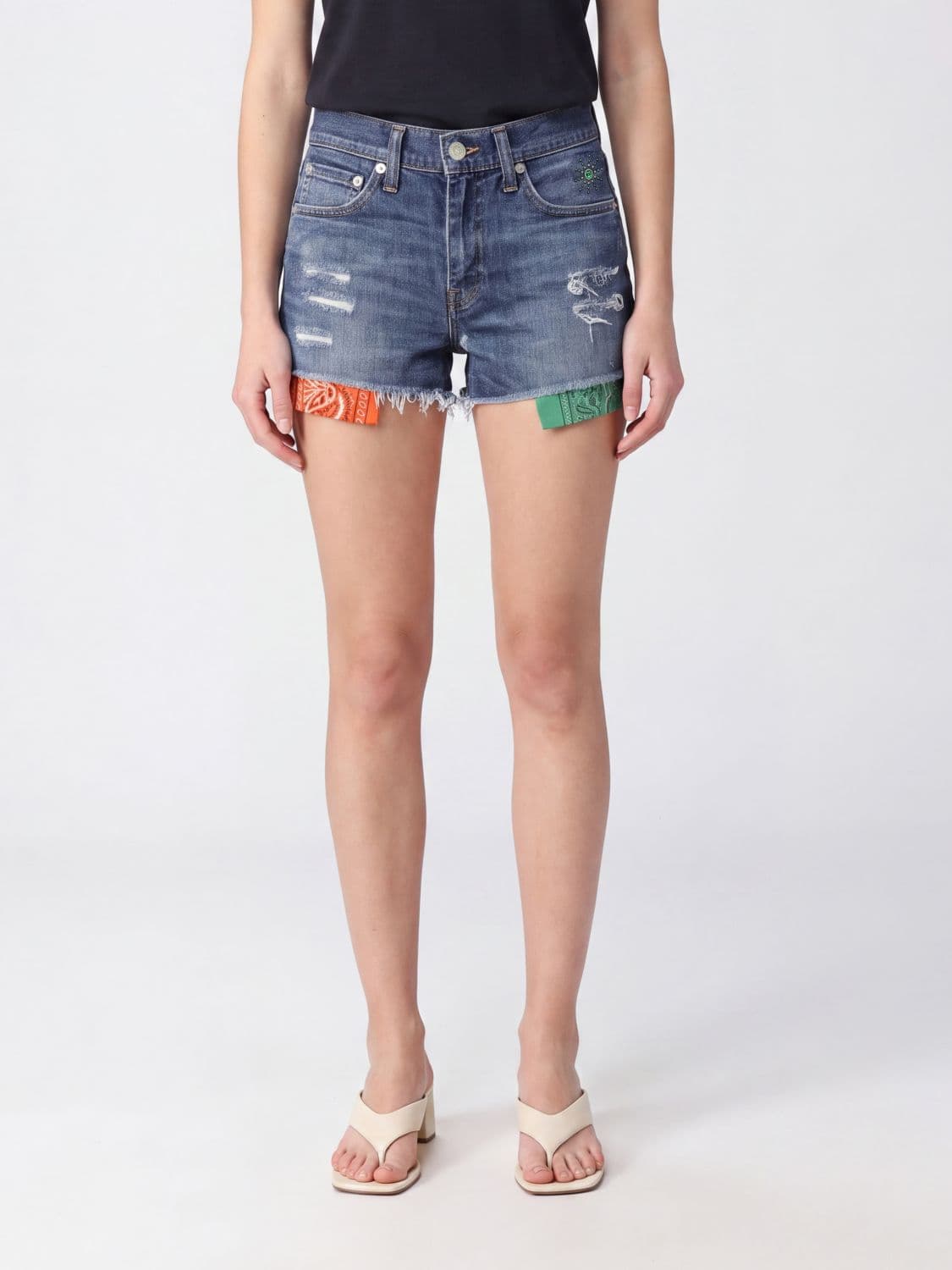 Htc Los Angeles High-Waisted Studded Denim Shorts with Frayed Hem