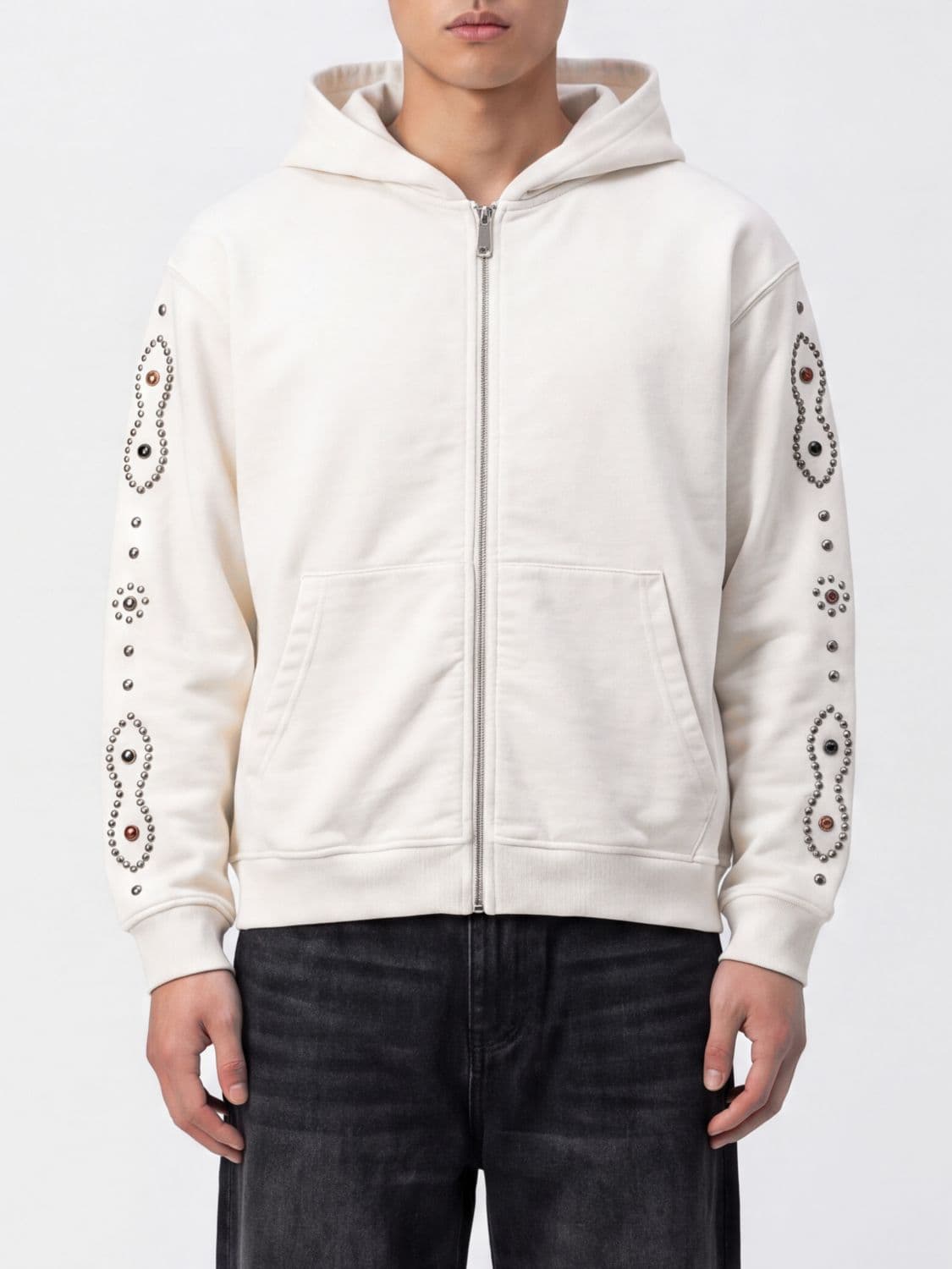 Htc Los Angeles Zip-Up Cotton Hoodie with Stud Embellishments