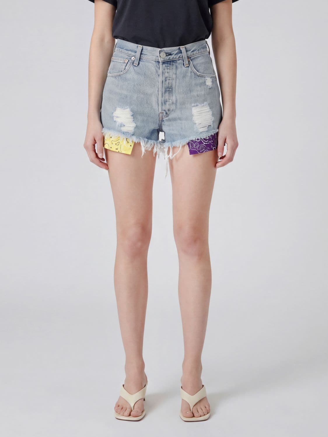 Htc Los Angeles High-Waisted Denim Shorts with Raw-Cut Hem and Bandana Motif · 27