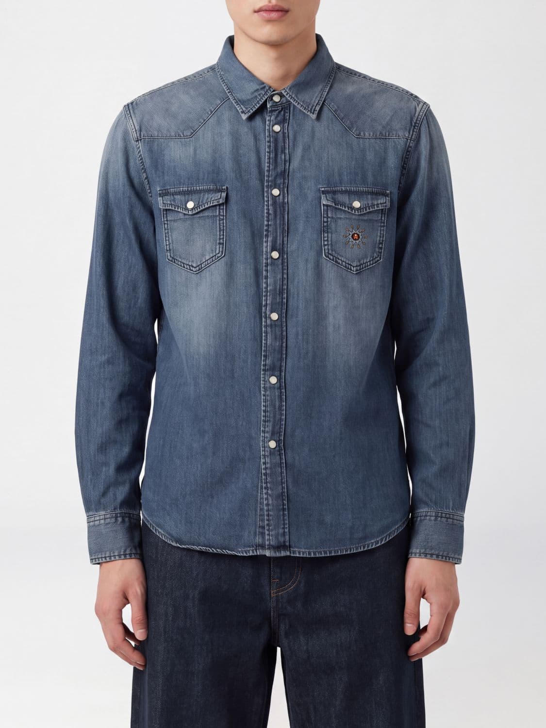 Htc Los Angeles Long-Sleeved Denim Shirt with Studs and Patch Pockets