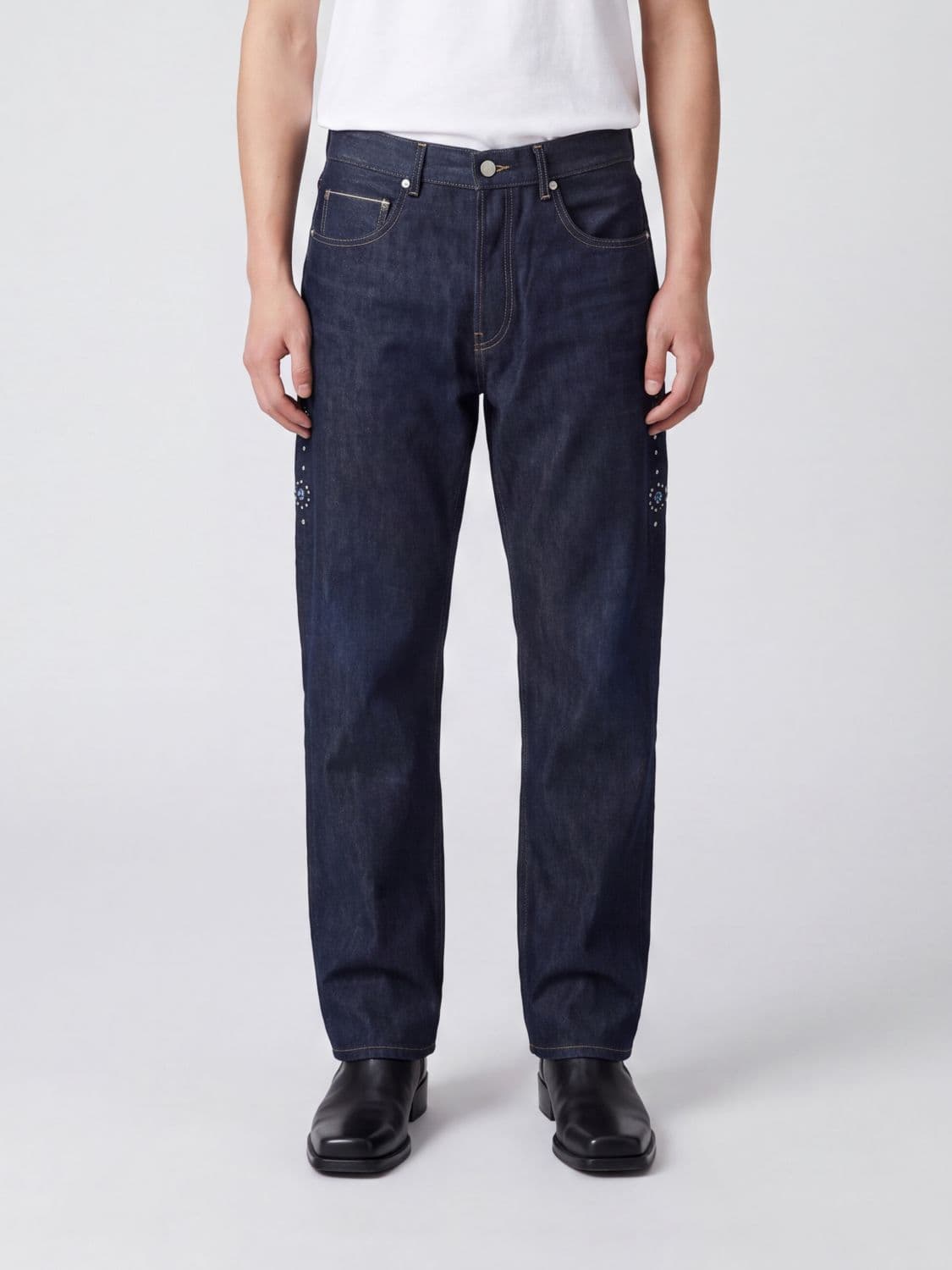 Htc Los Angeles Straight Fit Studded Cotton Denim Jeans with Embroidery