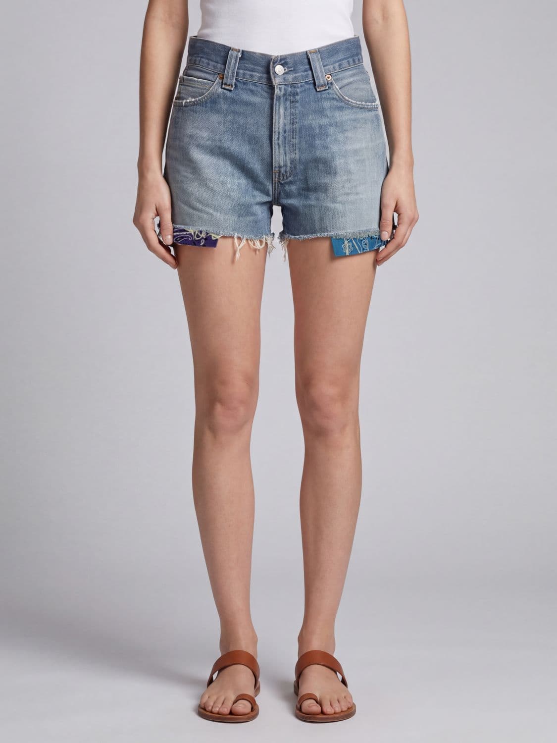 Htc Los Angeles High-Waisted Denim Shorts with Frayed Hem and Bandana Motif