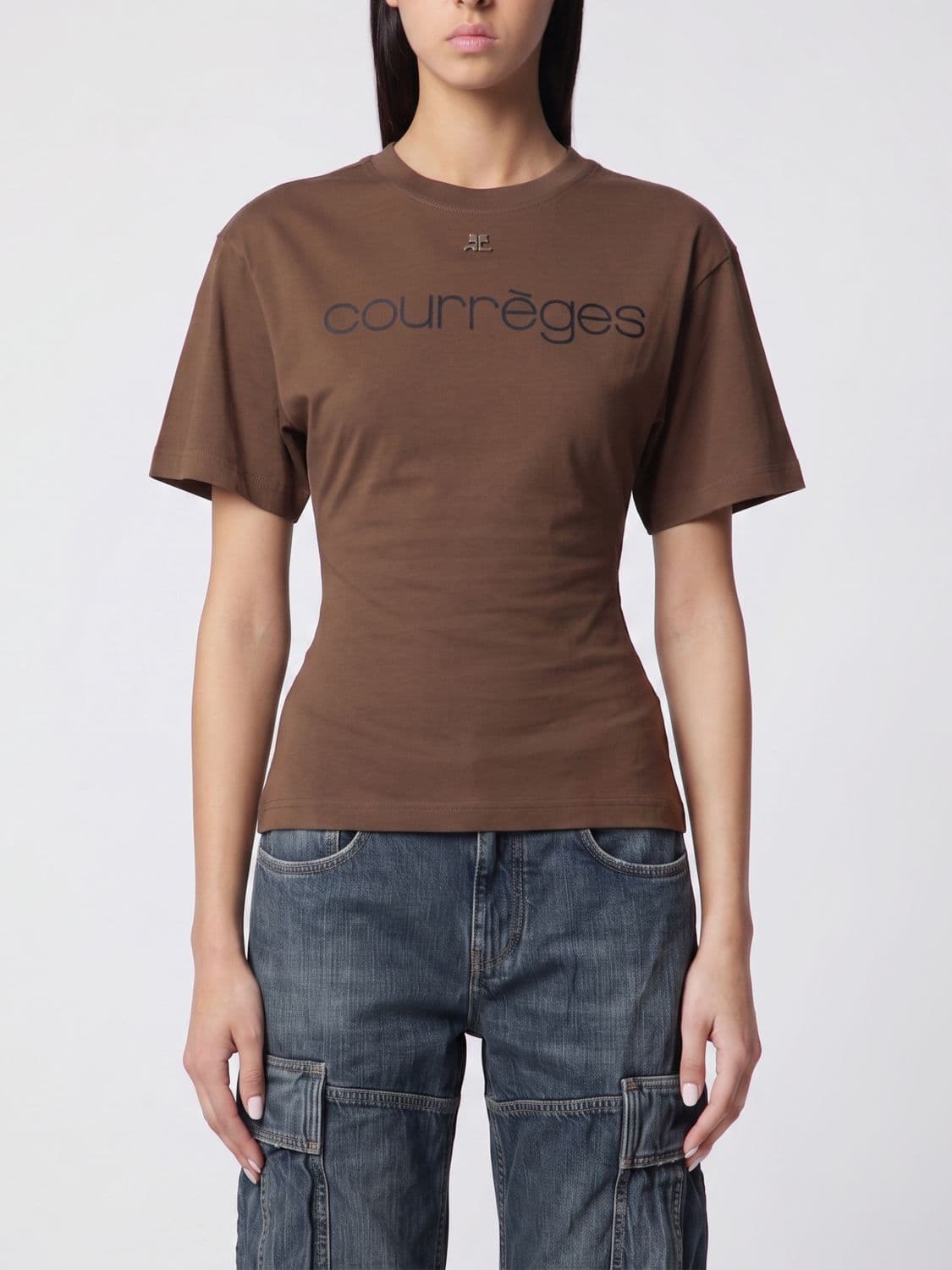 Courrèges Slim Fit Cotton T-Shirt with Contrasting Logo Print on the Chest