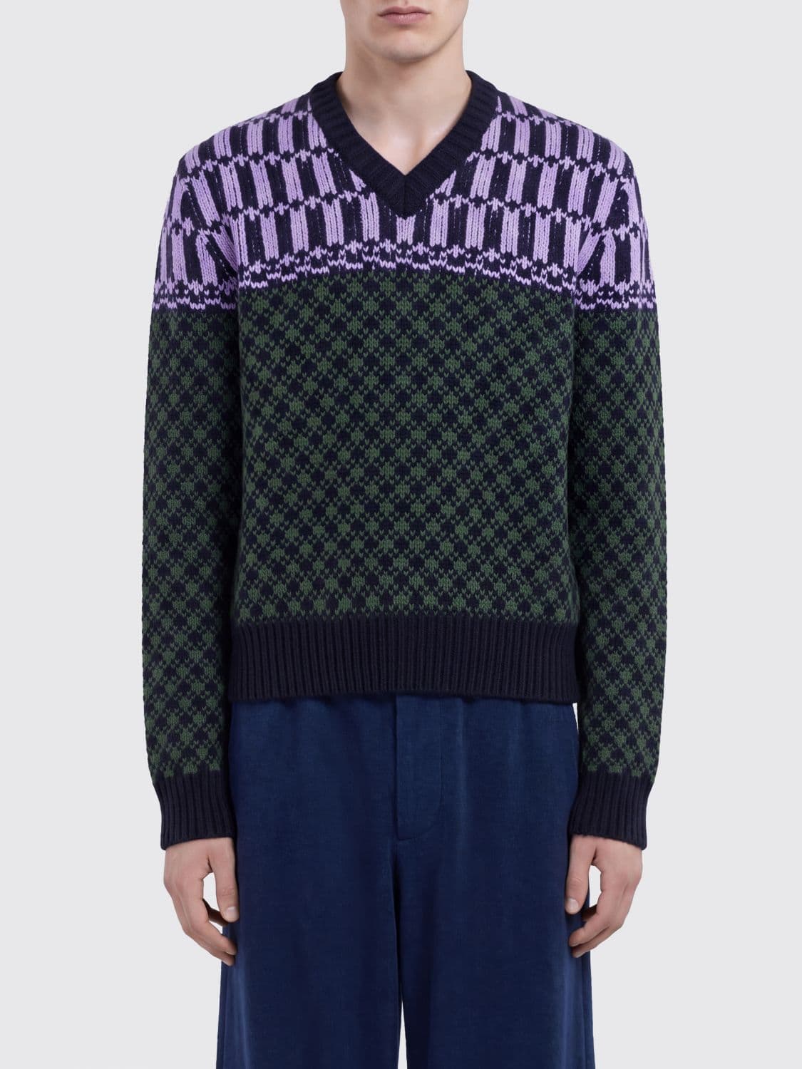 Marni V-Neck Jumper in Pure Wool with an All-Over Geometric Pattern