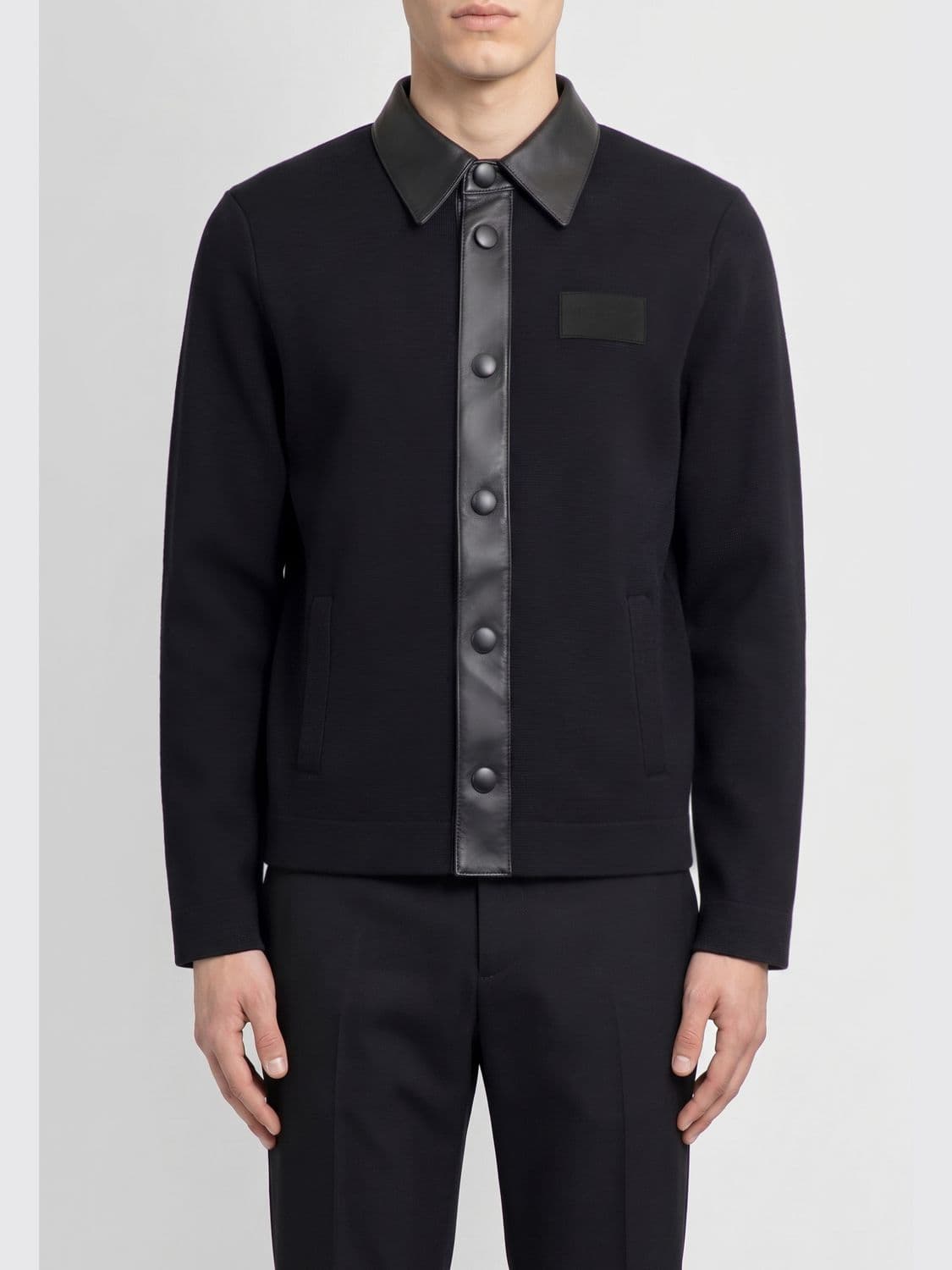 Givenchy Wool Shirt Jacket with Leather Collar and Tonal Logo · L