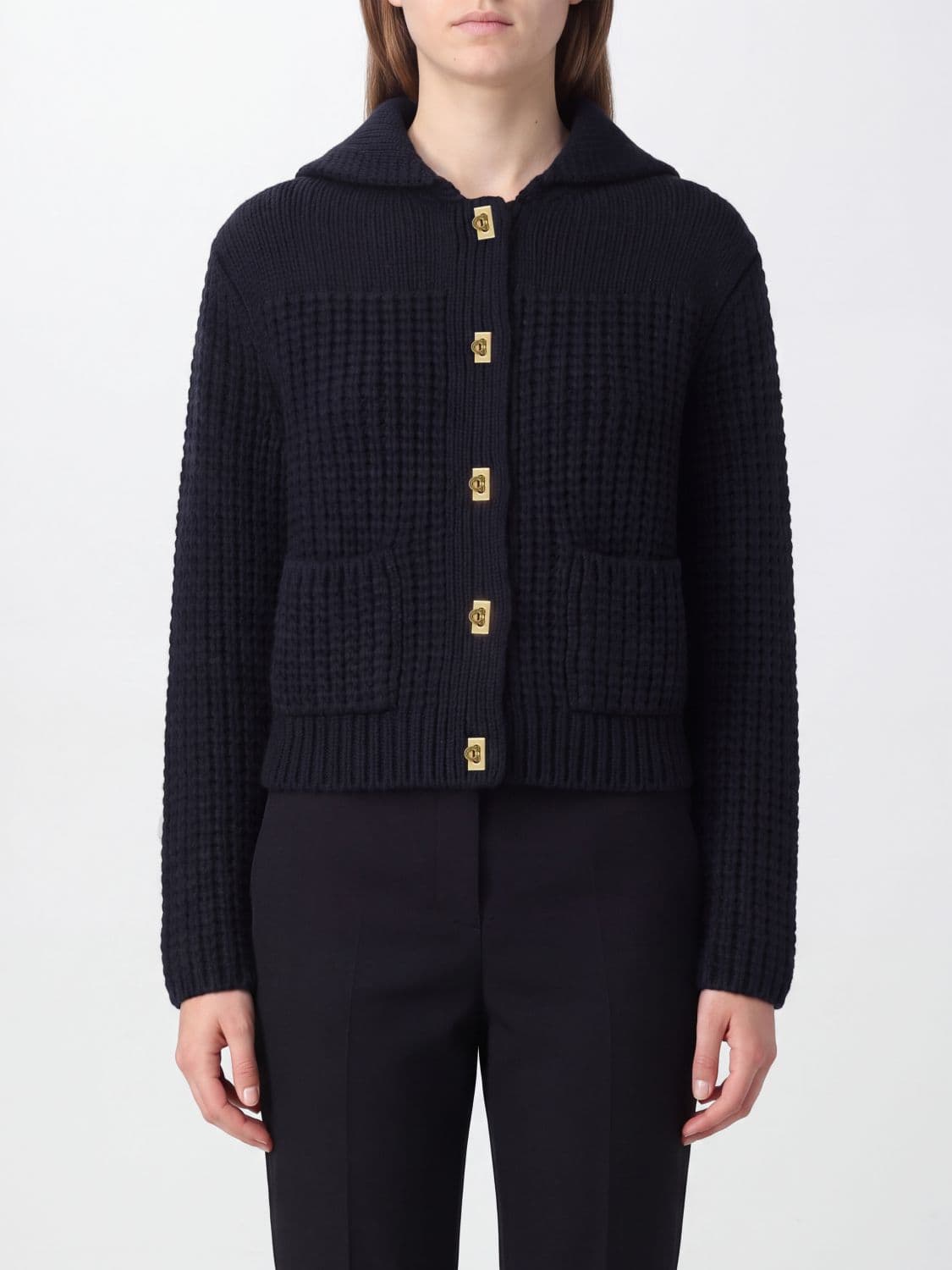 Ferragamo Wool and Cashmere Cardigan with Sailor Collar and Patch Pockets