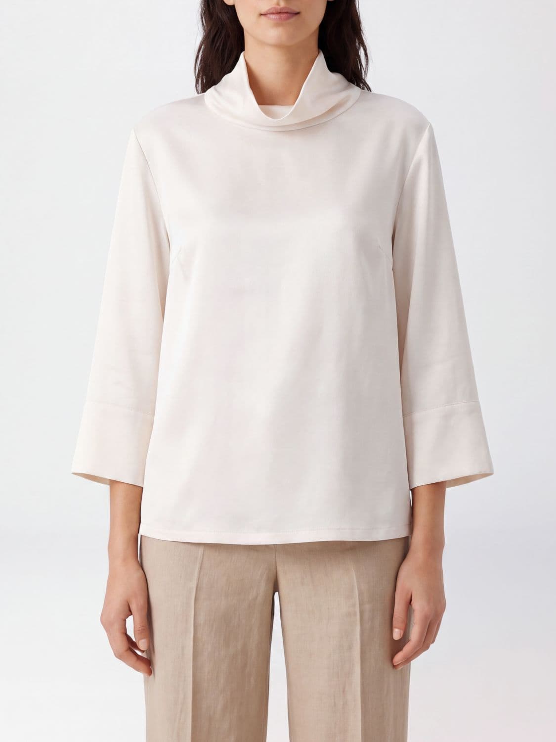 By Malene Birger Satin Blouse with Funnel Neck and Long Sleeves