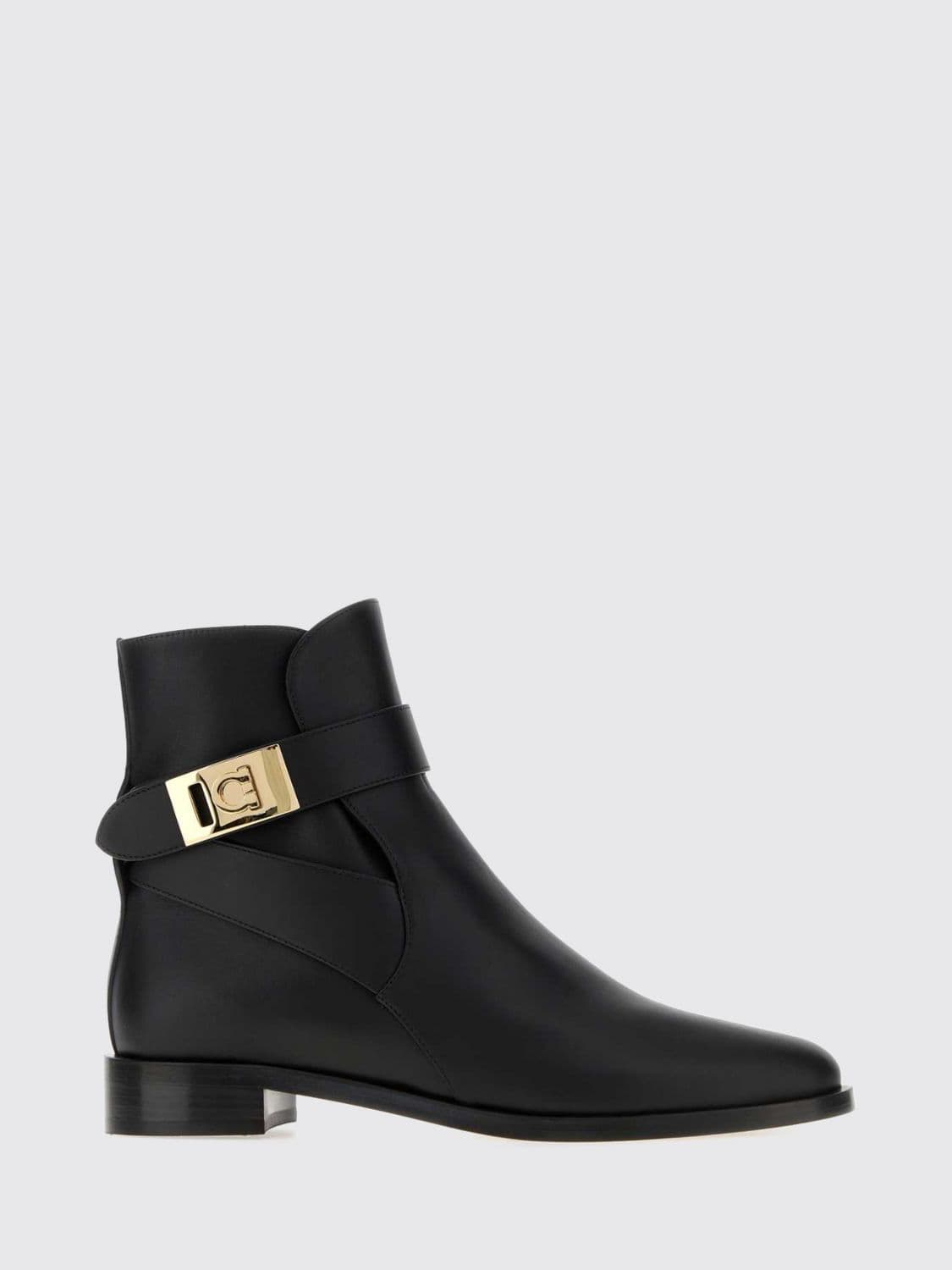 Ferragamo Calfskin Leather Biker Boots with Gancini Buckle and Low Heel