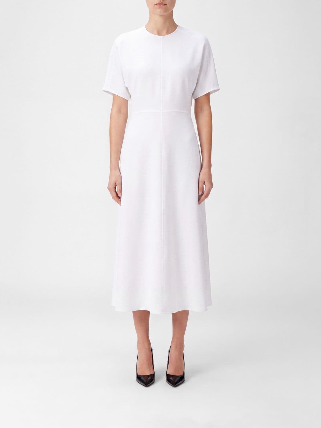 Victoria Victoria Beckham Eleanor A-Line Midi Dress in Stretch Viscose with Crew Neck