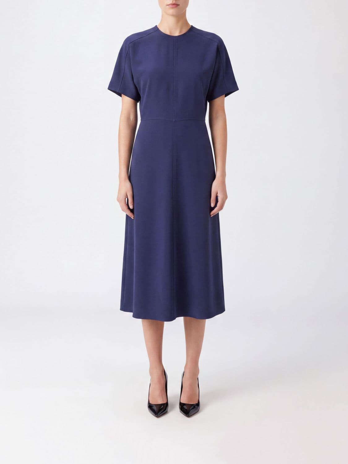 Victoria Victoria Beckham Eleanor A-Line Midi Dress in Stretch Viscose with Crew Neck