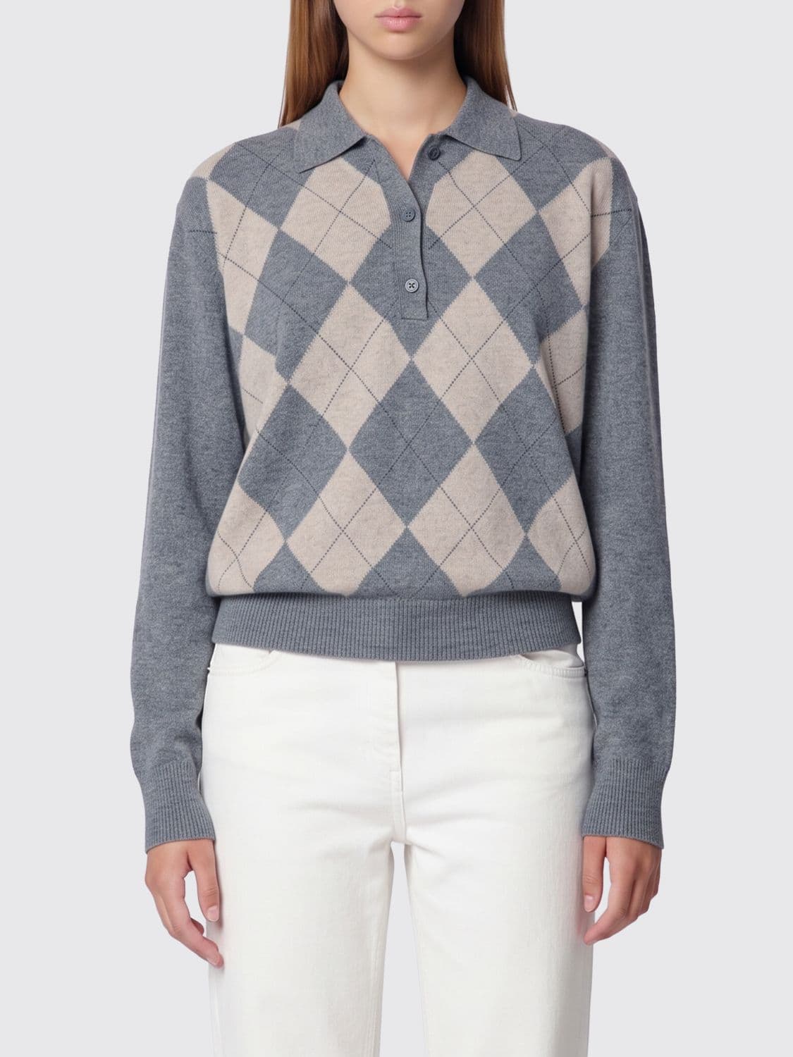Rohe Argyle Long-Sleeved Knit Polo in a Wool and Silk Blend