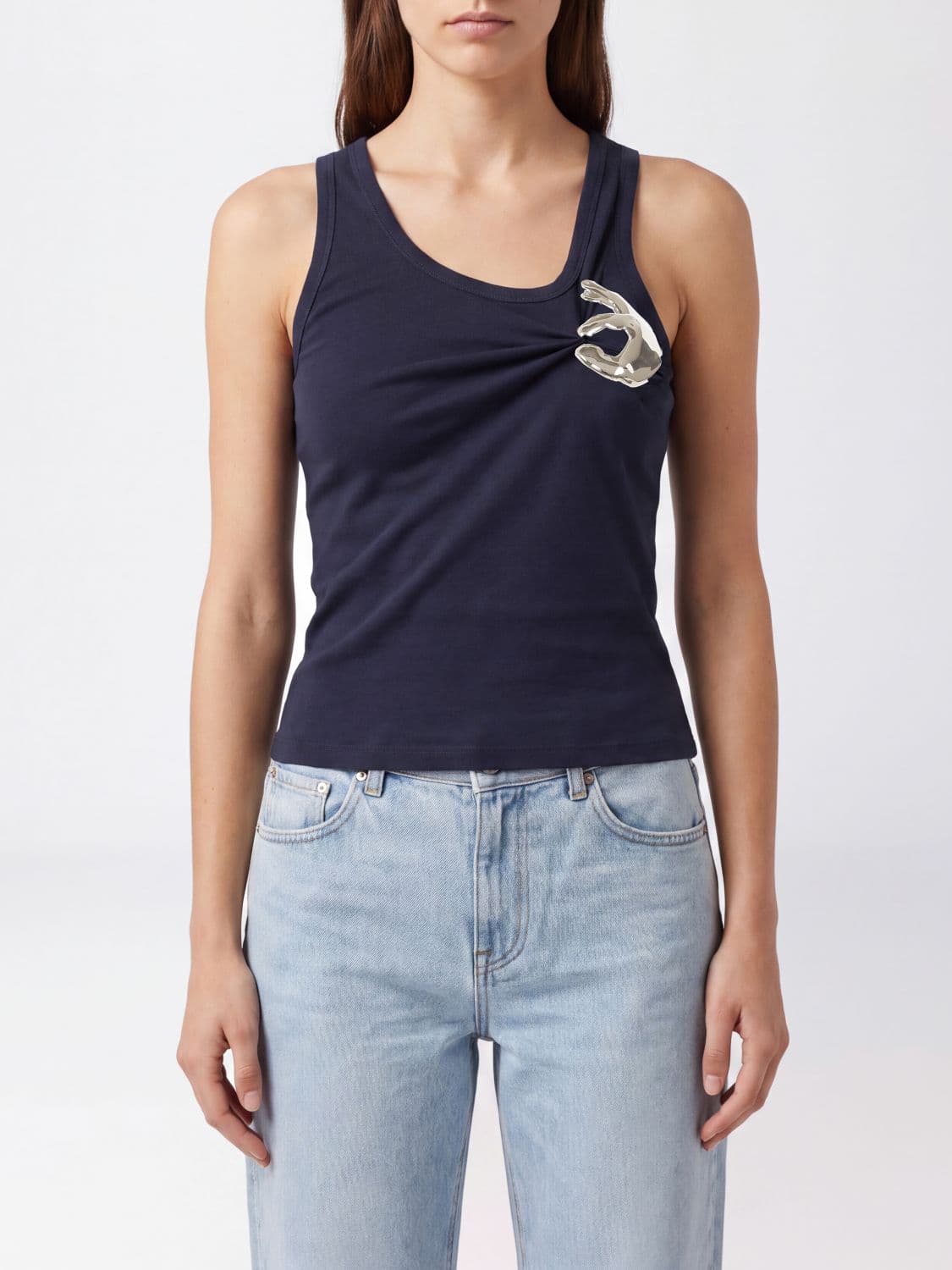 Coperni Asymmetric Draped Top in Organic Cotton with Jewel Brooch