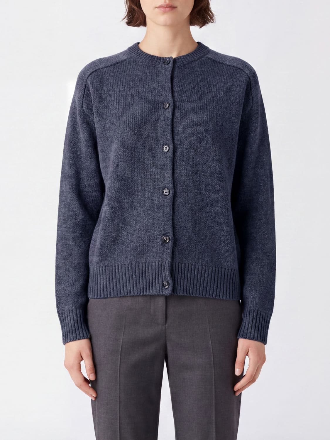 Loulou De Saison Crewneck Cardigan in Wool and Cashmere with Ribbed Trims