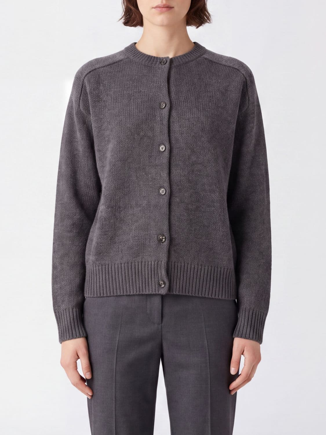 Loulou De Saison Crewneck Cardigan in Wool and Cashmere with Ribbed Trims