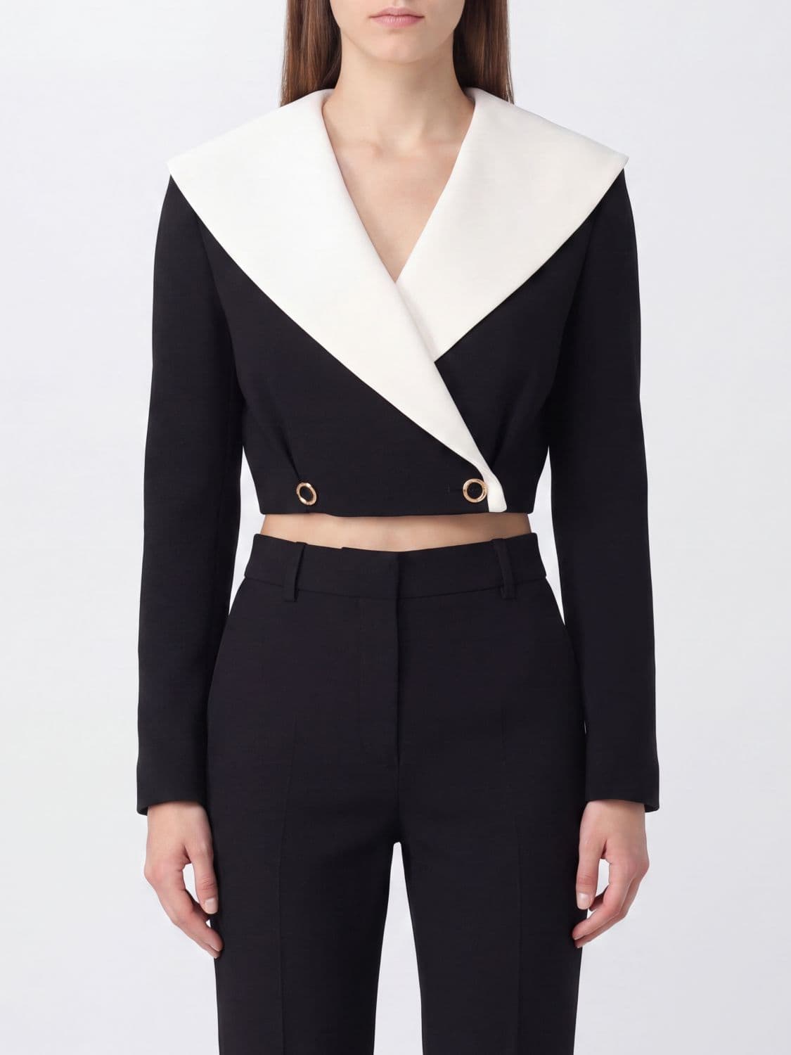 Alessandra Rich Bicolor Double-Breasted Cropped Virgin Wool Blazer
