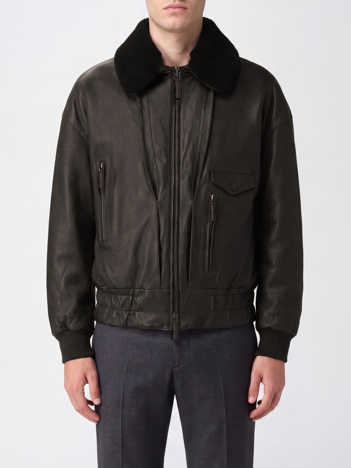Giorgio Armani Lambskin Leather Bomber Jacket with Fur Collar and Elasticated Hem
