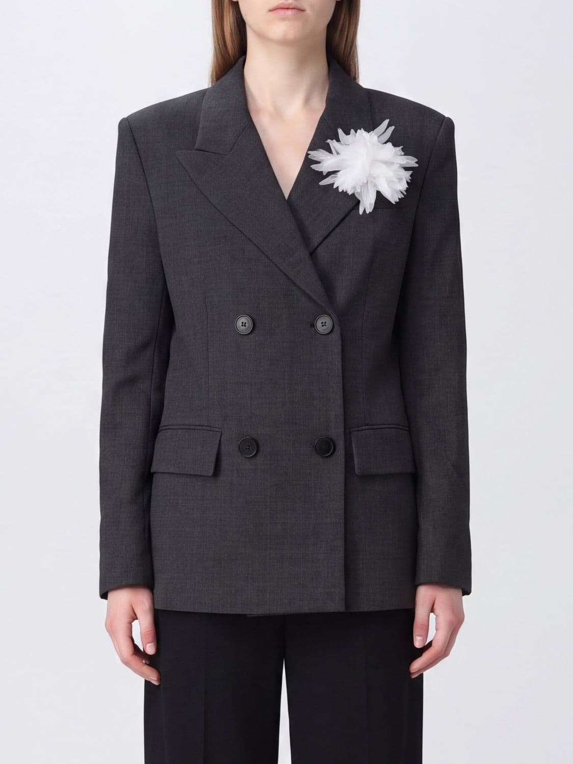 Self-Portrait Double-Breasted Cropped Wool-Blend Blazer with Flower