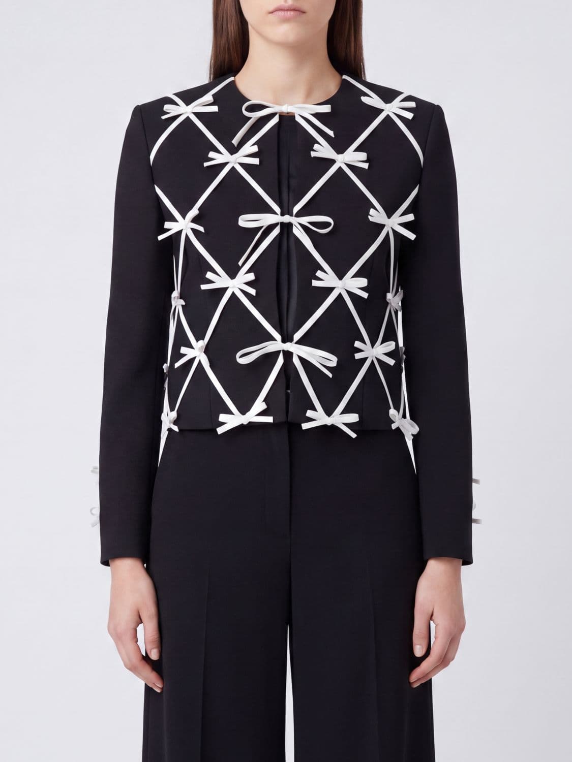 Moschino Couture Bow-Embellished Crewneck Cropped Blazer in Virgin Wool