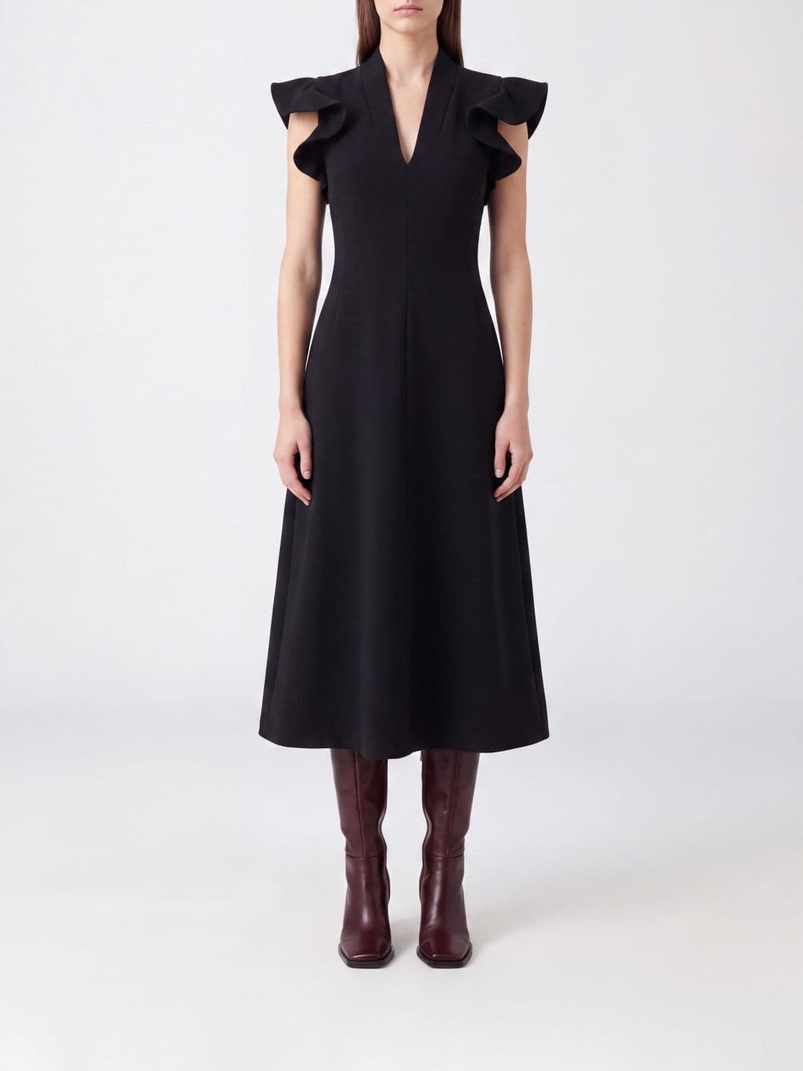 Moschino Couture Sleeveless V-Neck Flared Midi Cocktail Dress in Crêpe