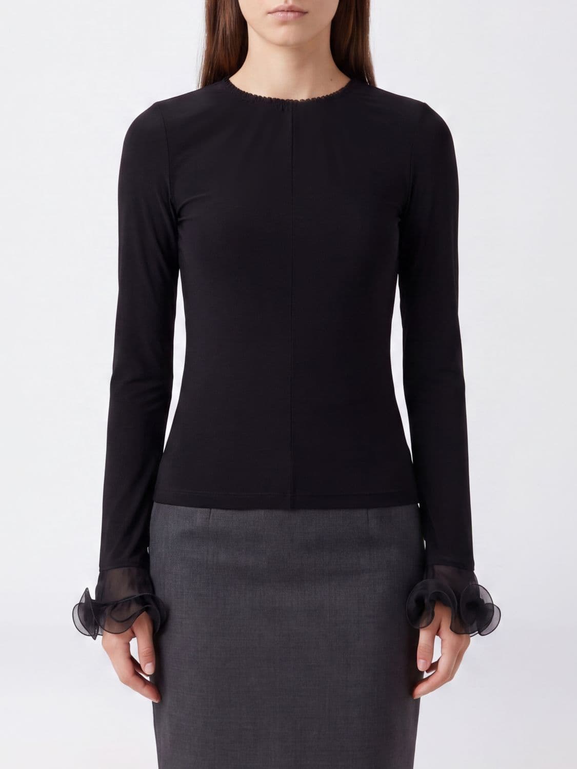 Moschino Couture Slim Fit Cupro Jumper with Ruffles and Flared Cuffs