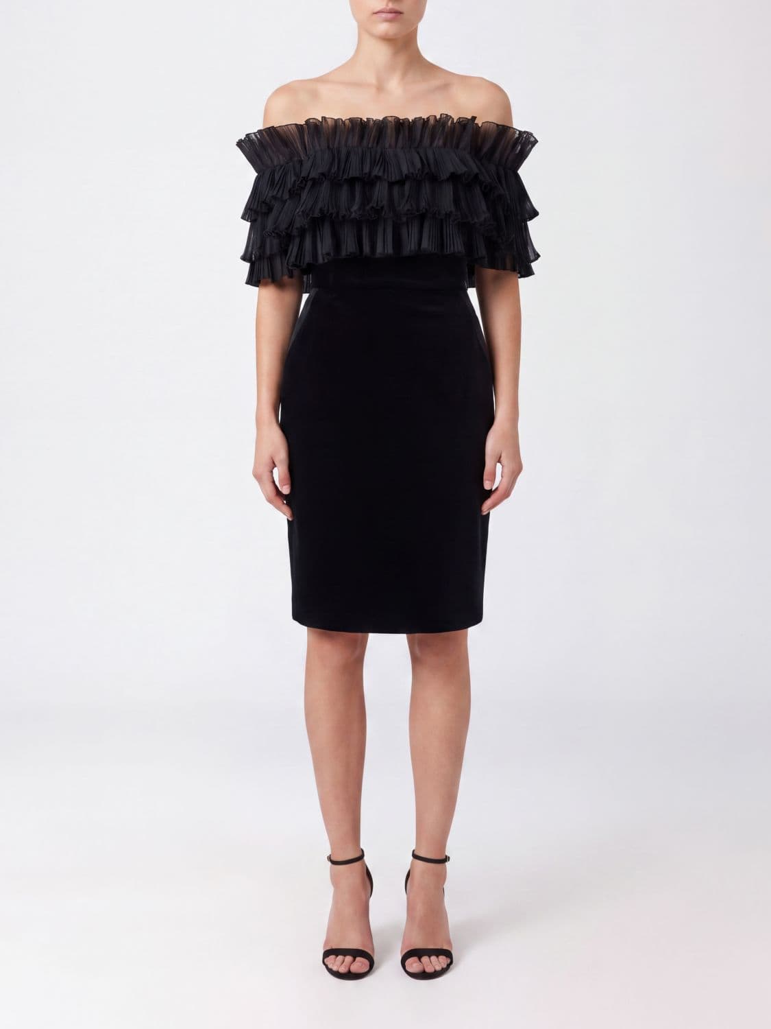 Elisabetta Franchi Off-the-Shoulder Embroidered Velvet Midi Sheath Dress
