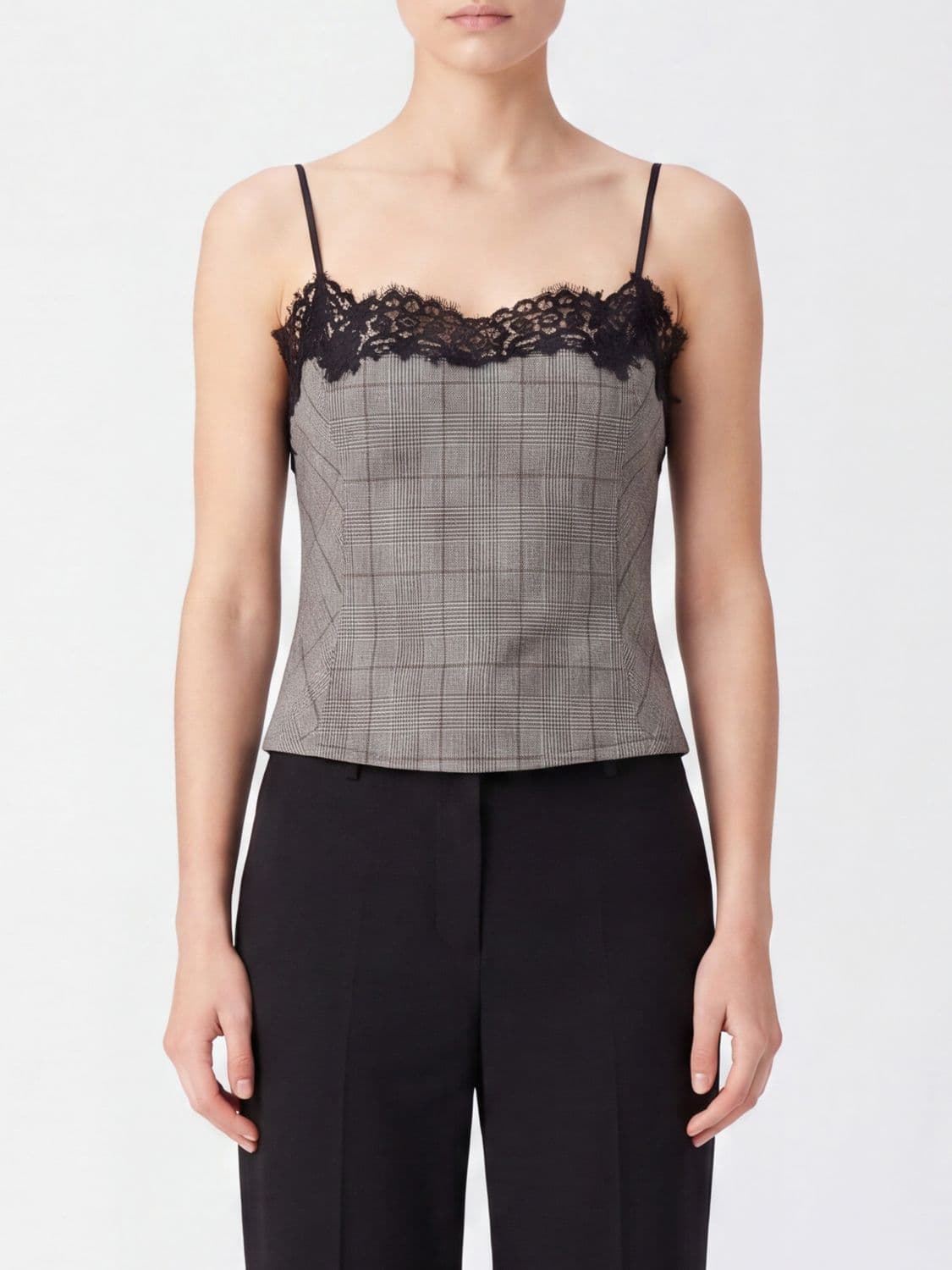 Pinko Prince of Wales Wool-Blend Top with Lace Inserts and Thin Straps