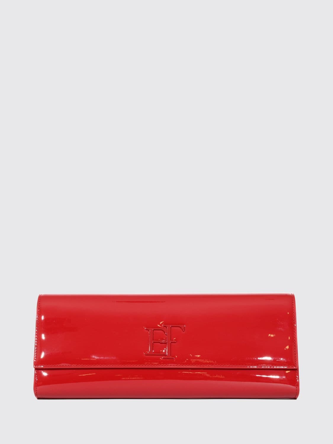 Elisabetta Franchi Patent Finish Clutch with Flap Closure and Applied Logo