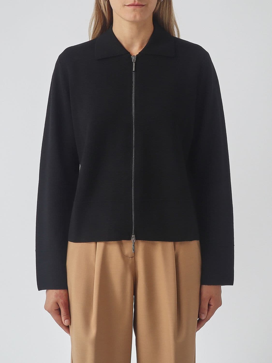 Mm Max Mara Pure Virgin Wool Polo Cardigan with Zip Closure